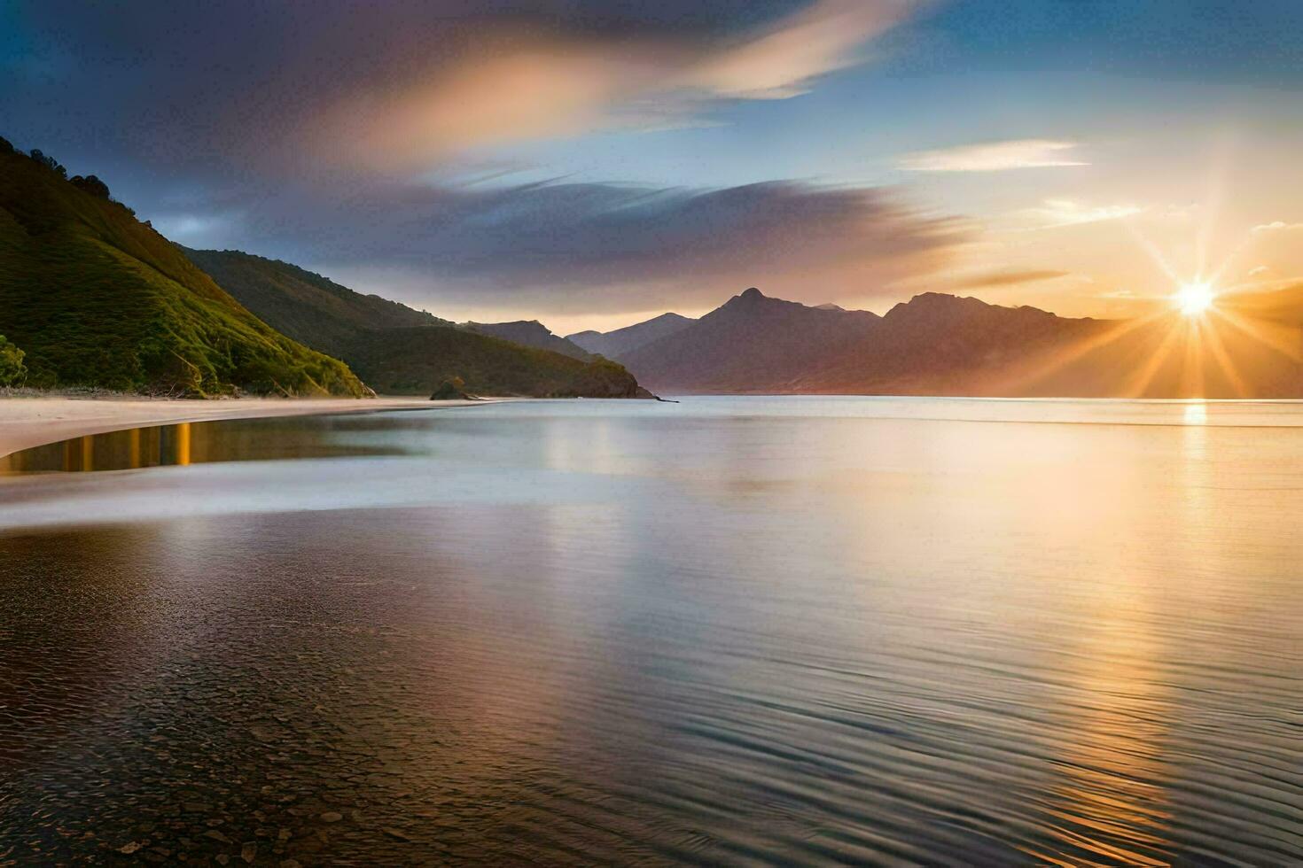 the sun rises over a beach and mountains. AI-Generated photo