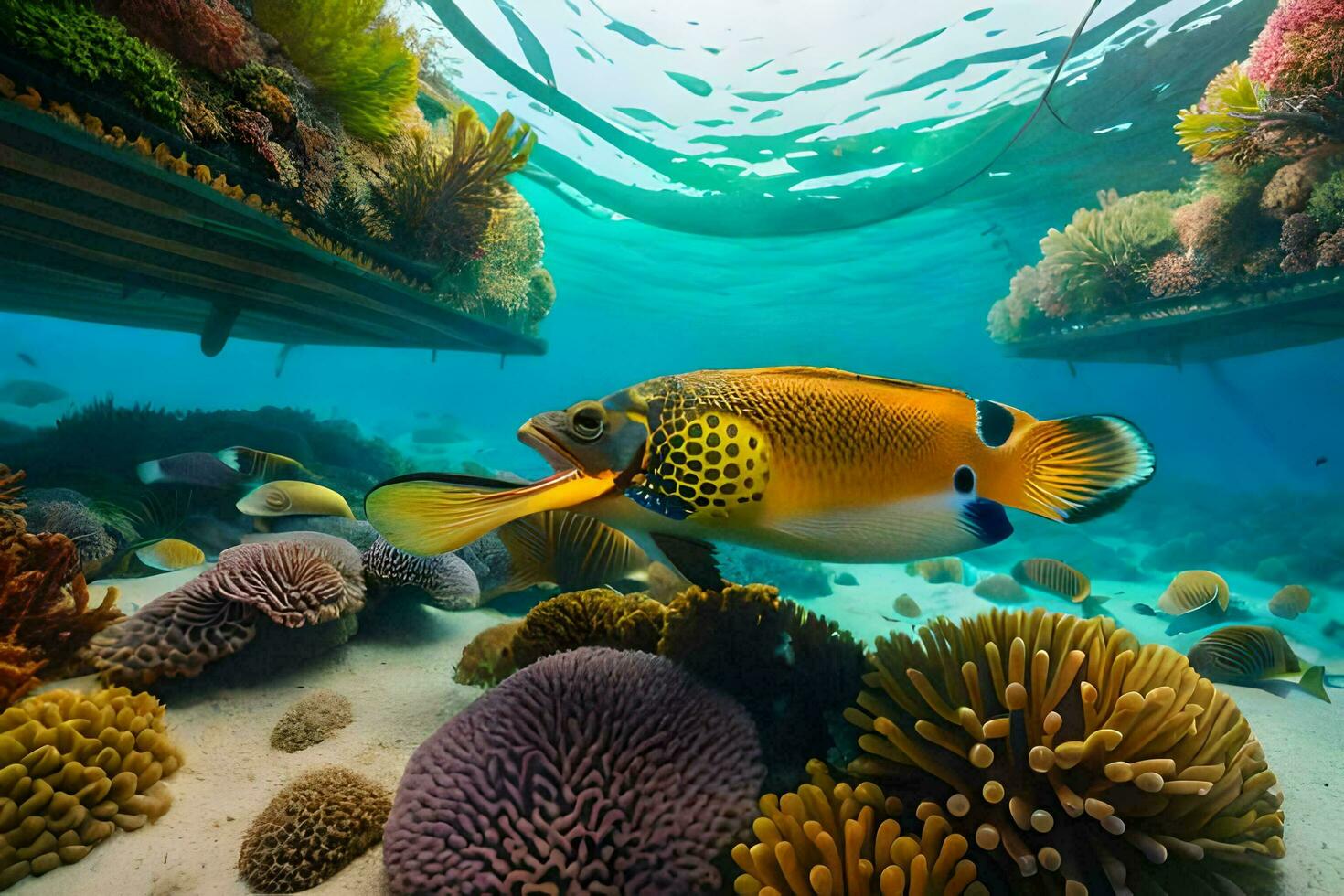 un vistoso pescado nada cerca coral arrecifes generado por ai foto