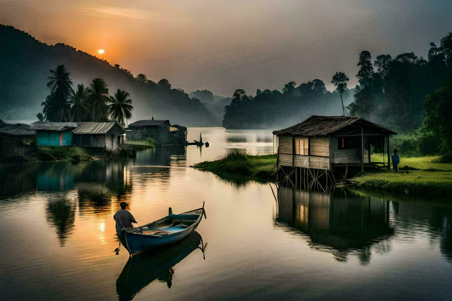 a man is standing on a boat in front of a house. AI-Generated photo