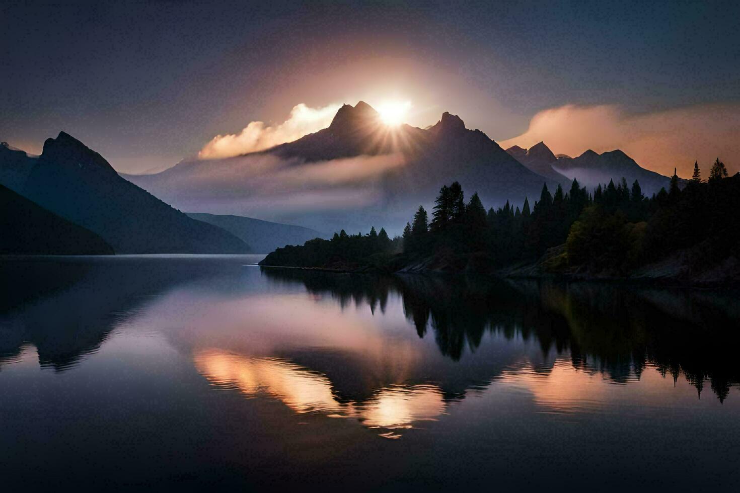 the sun rises over a mountain range and lake. AI-Generated photo