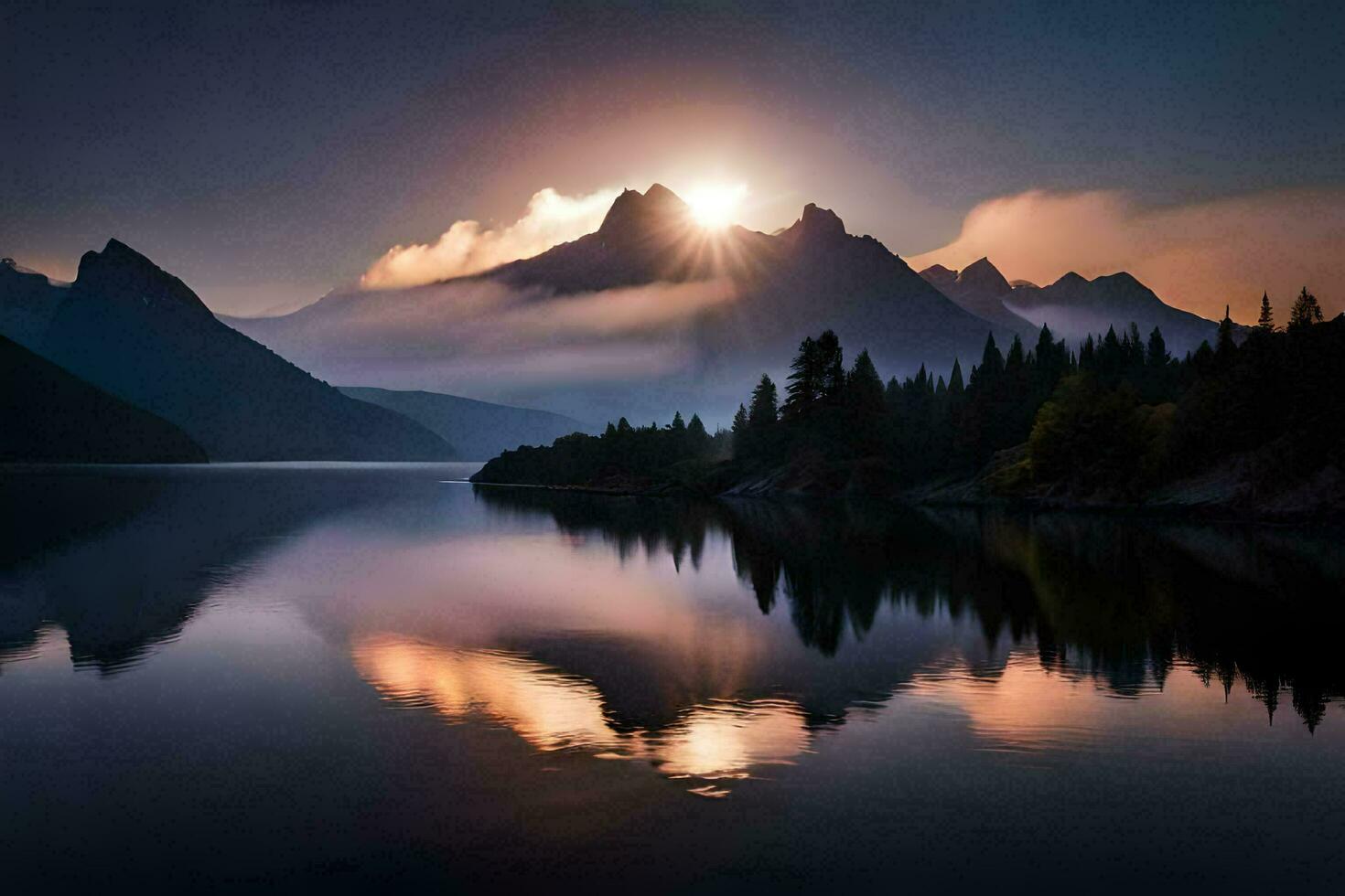 el Dom sube terminado un montaña rango y lago. generado por ai foto