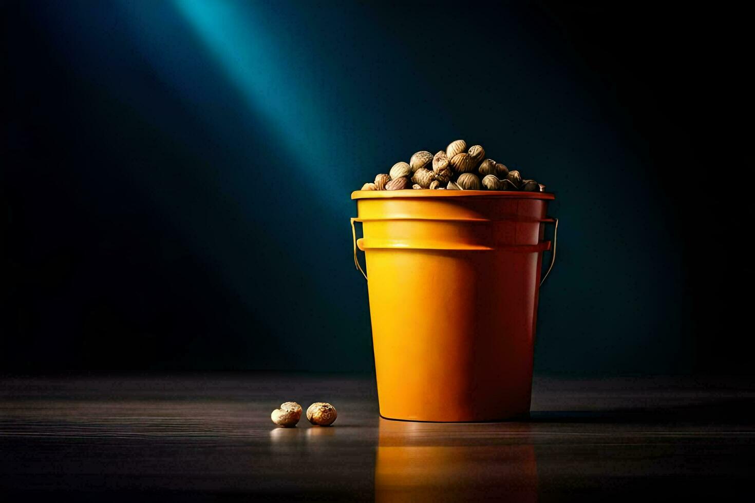 a bucket filled with peanuts on a table. AI-Generated photo