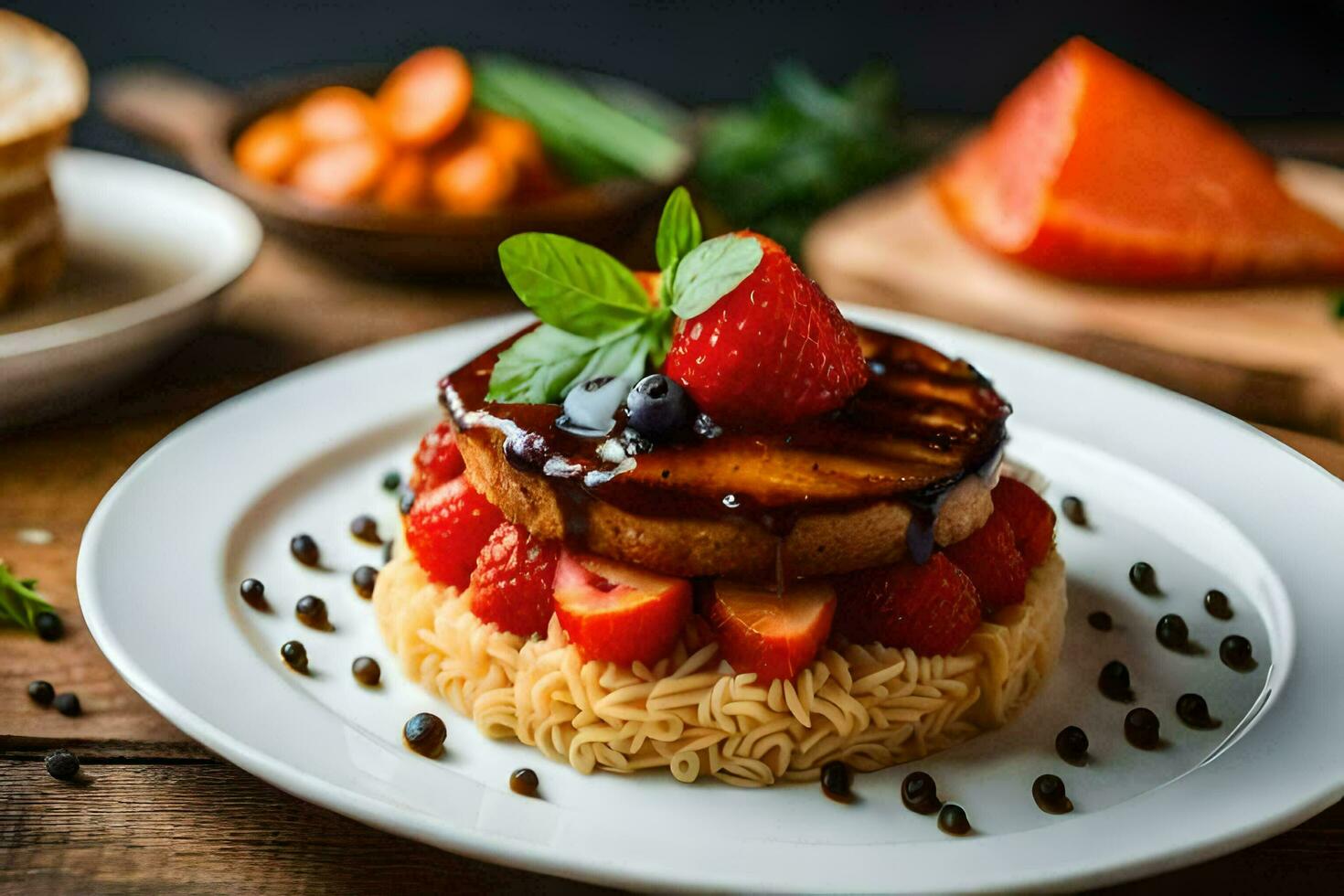a plate with strawberries, salmon and rice. AI-Generated photo