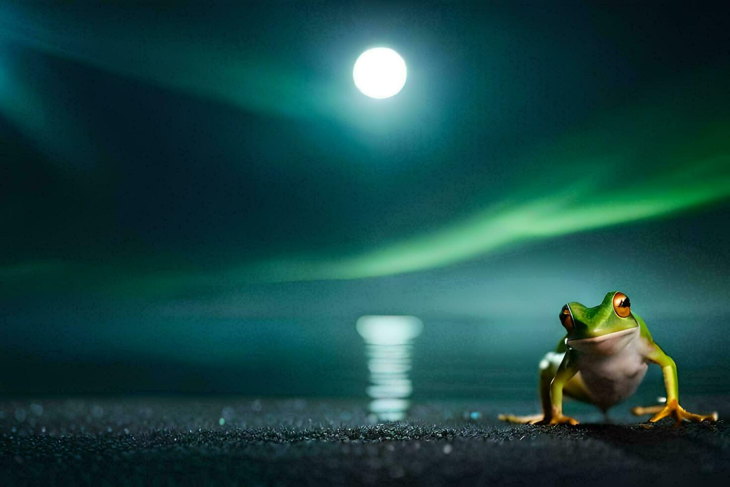 un rana sentado en el suelo en frente de un lleno Luna. generado por ai foto