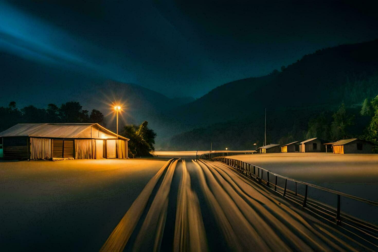 a long exposure photo of a train on a snowy road. AI-Generated