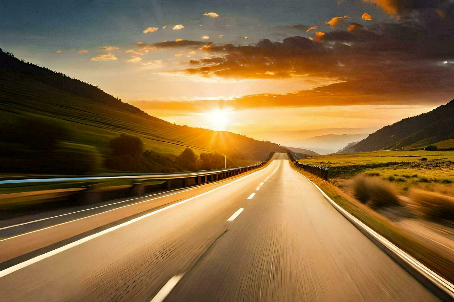 a highway with the sun setting behind it. AI-Generated photo