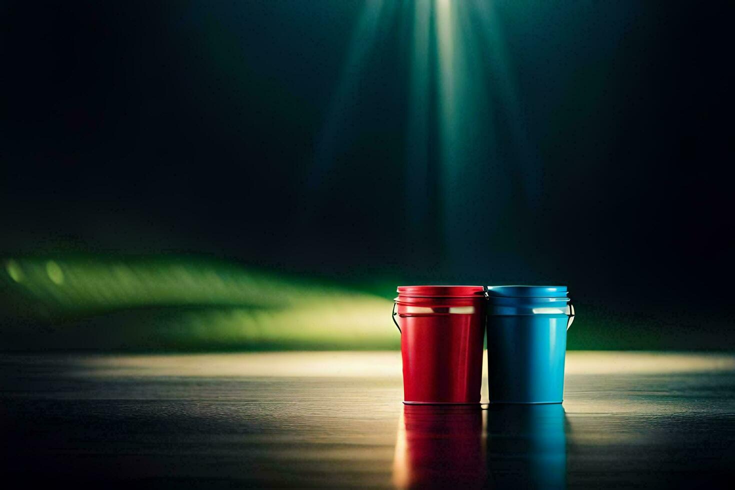 two red and blue buckets on a dark table. AIGenerated 32818481 Stock
