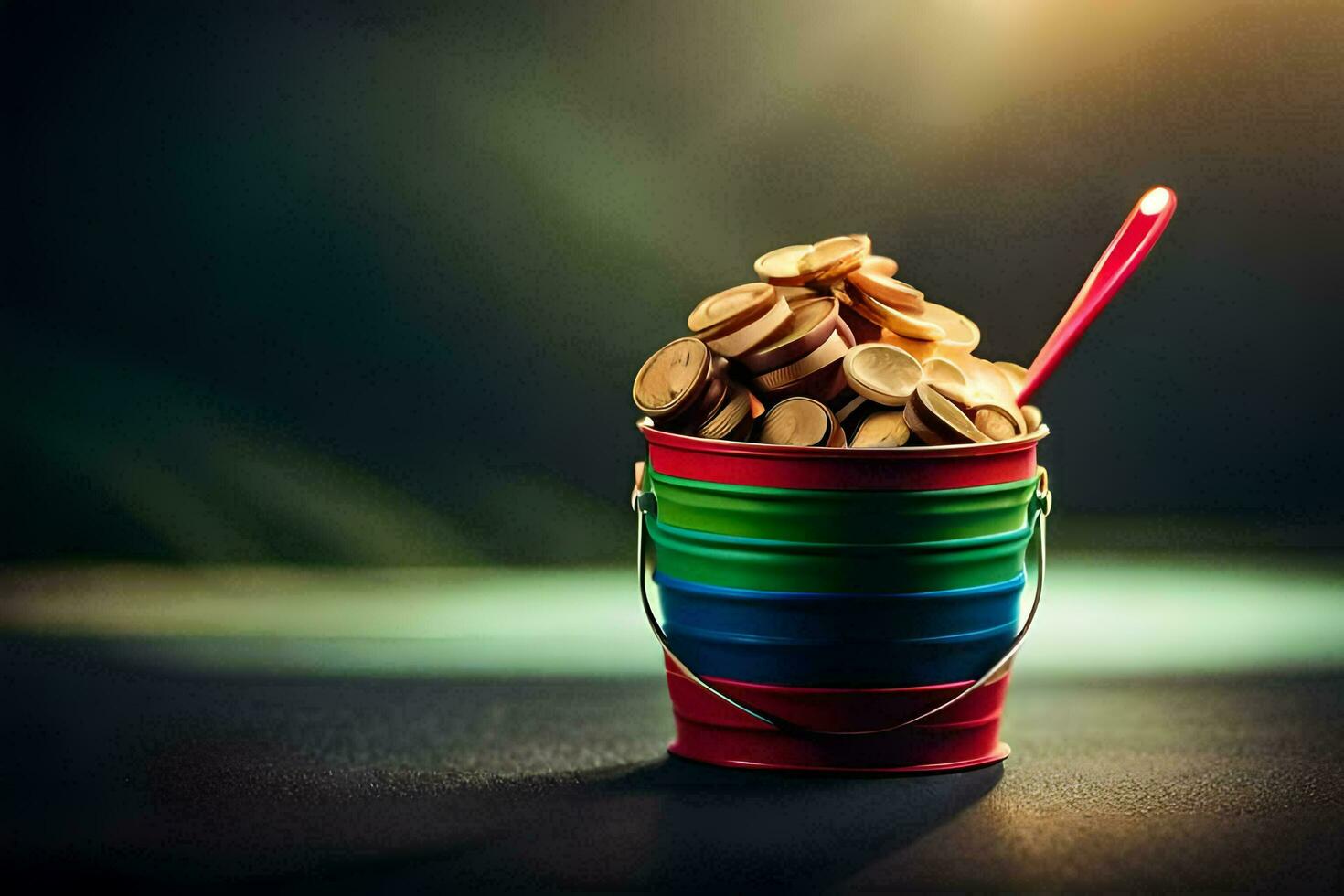 a bucket filled with coins and a spoon. AI-Generated photo