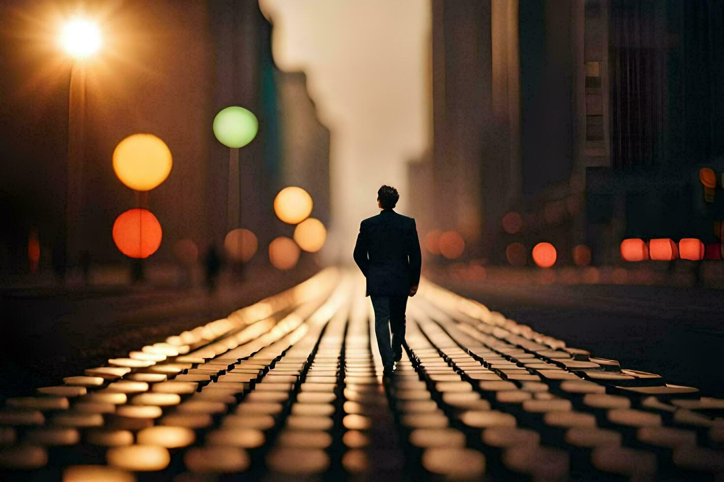 a man in a suit walks down a city street at night. AI-Generated photo