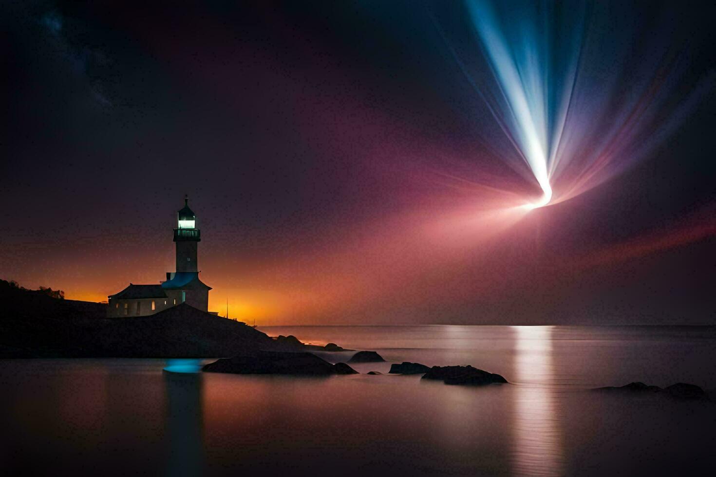 a lighthouse is lit up by a bright light. AI-Generated photo