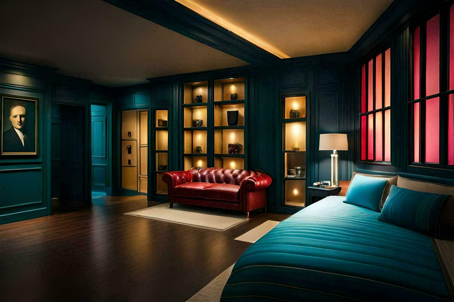 a bedroom with blue walls and a red couch. AI-Generated photo