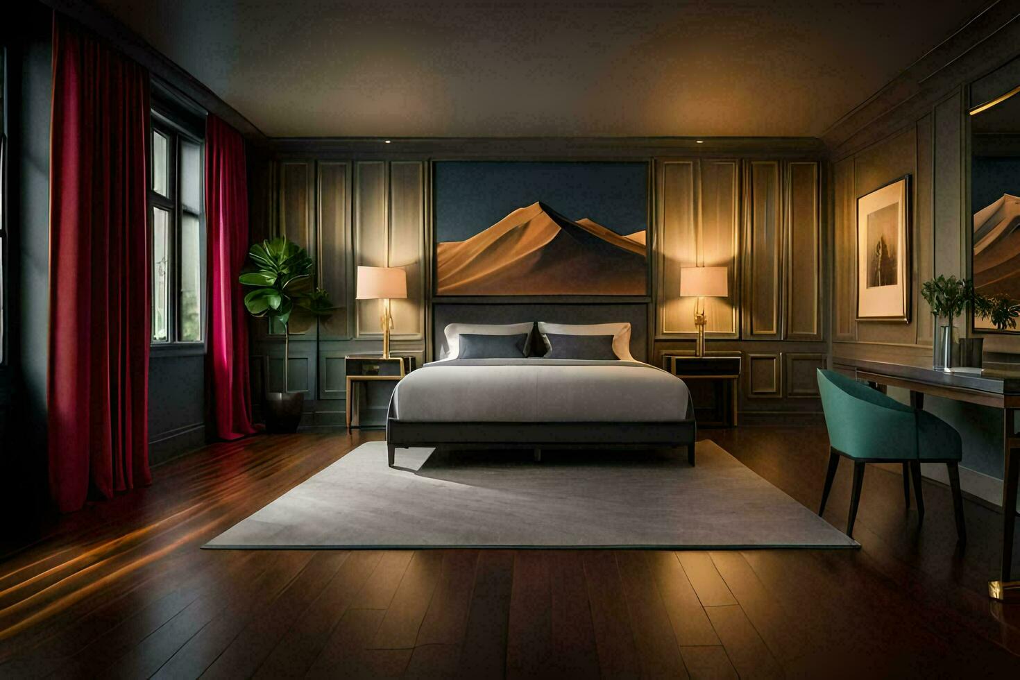 a bedroom with a large bed and a painting on the wall. AI-Generated photo