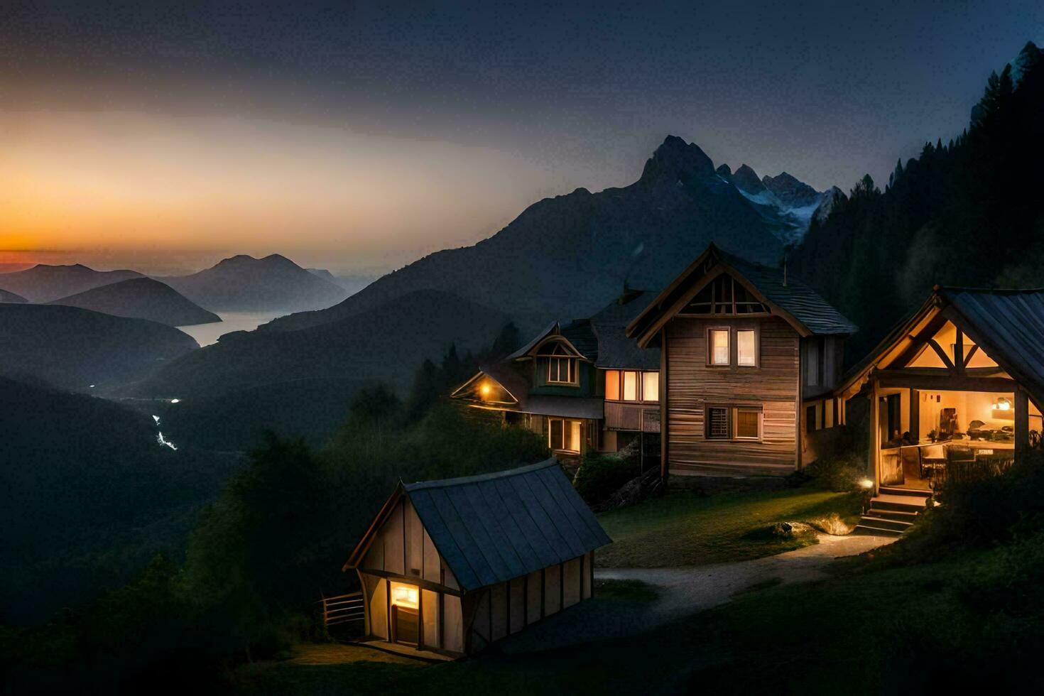 the sun sets over a mountain range and a cabin. AI-Generated photo