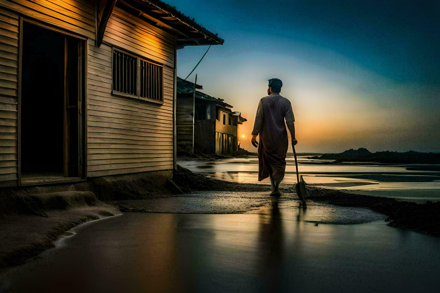 a man walking along the shore at sunset. AI-Generated photo