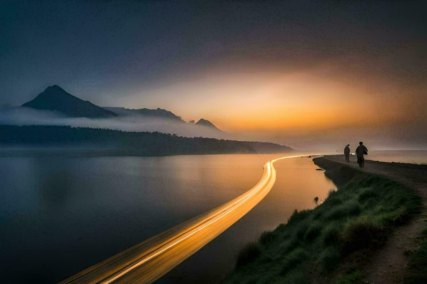 two people walk along a path near a lake at sunset. AI-Generated photo