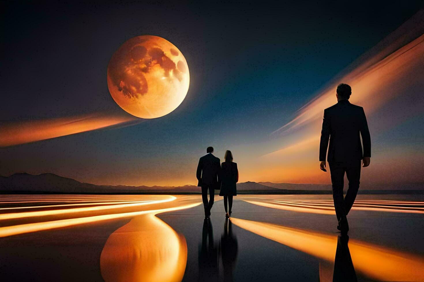 dos personas caminando en el Desierto con el Luna en el antecedentes. generado por ai foto