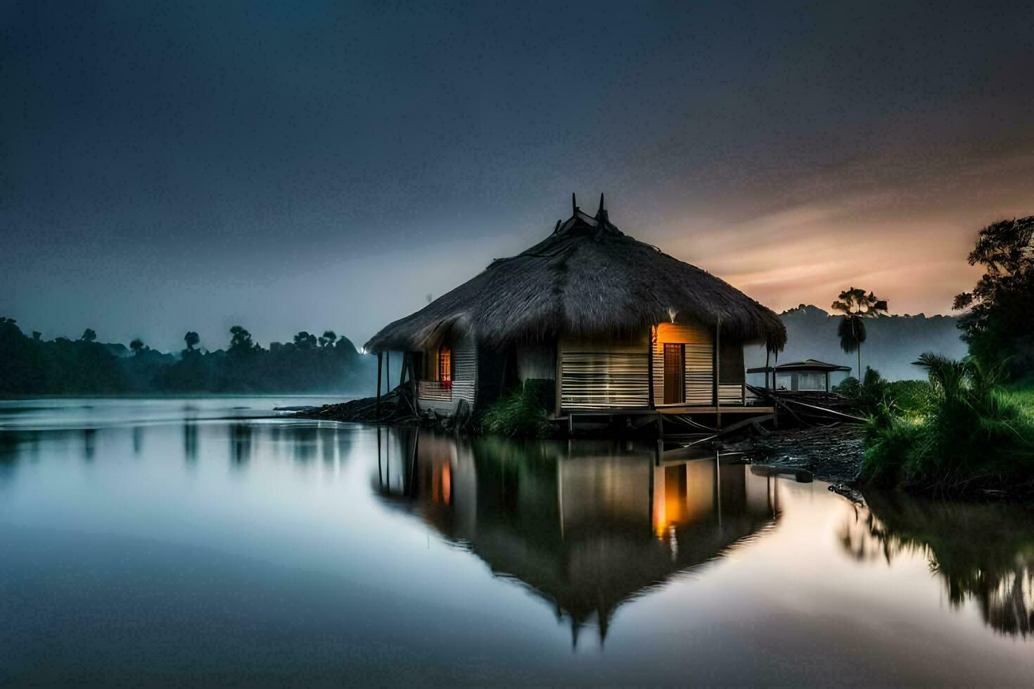 a hut sits on the shore of a lake at dusk. AI-Generated photo