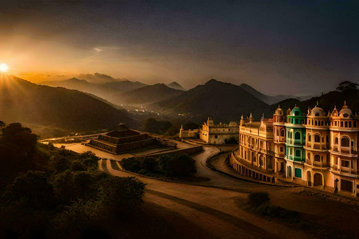 the sun sets over a beautiful building in the mountains. AI-Generated photo