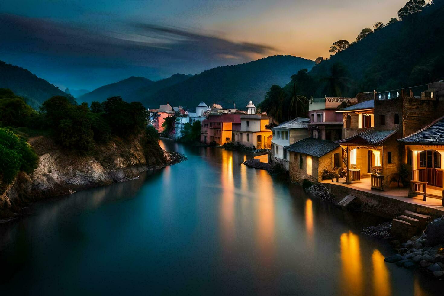 the river in the middle of a town at night. AI-Generated photo