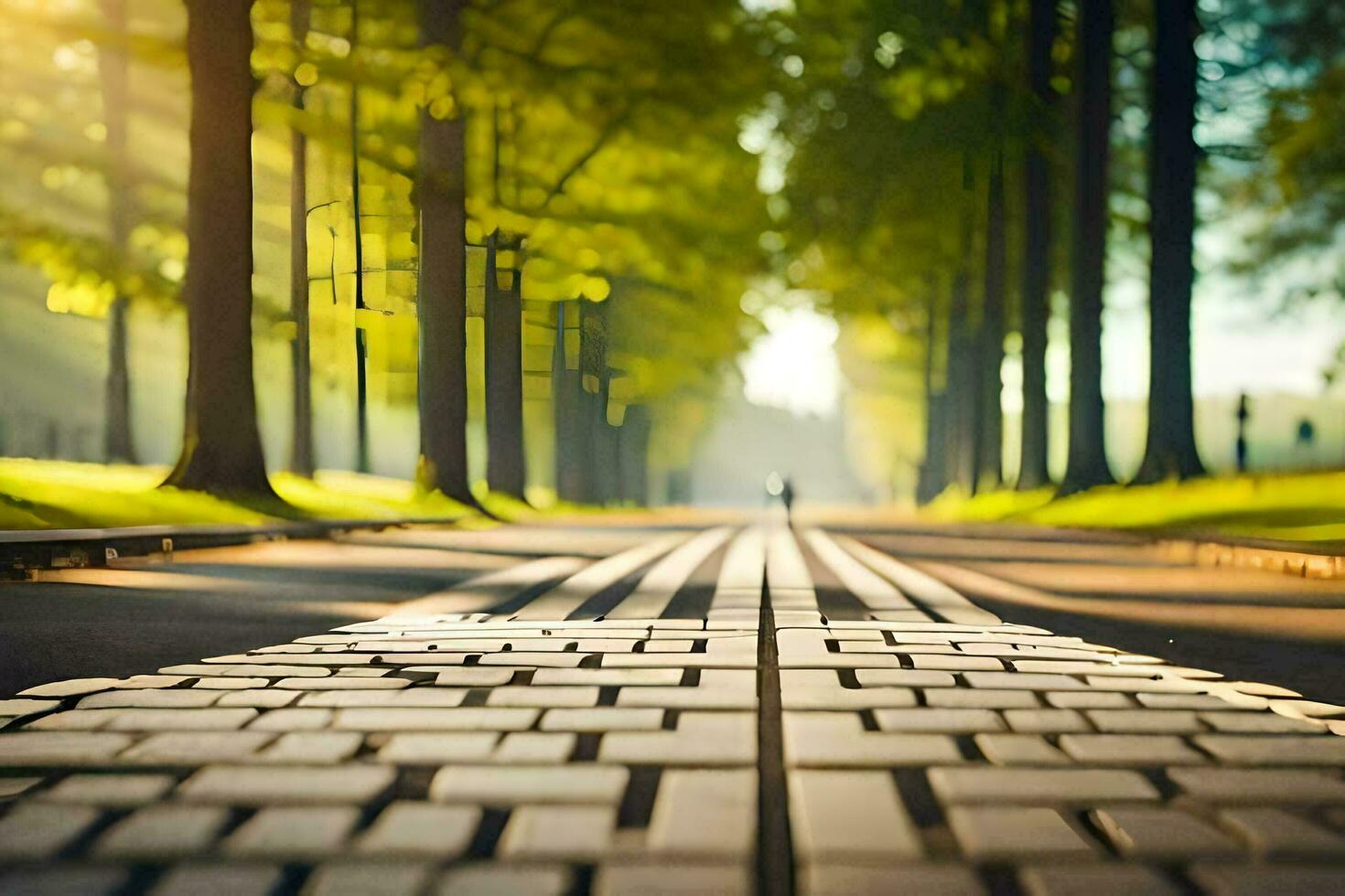 a brick road lined with trees and grass. AI-Generated photo