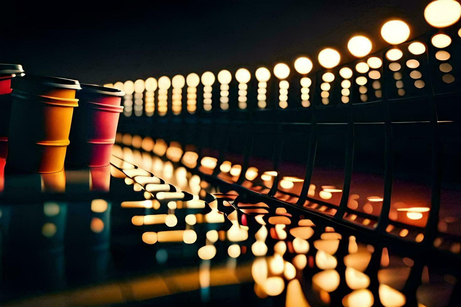 a row of red and yellow cups on a table. AI-Generated photo