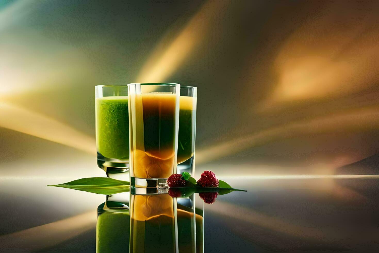 two glasses of green juice with raspberries. AI-Generated photo