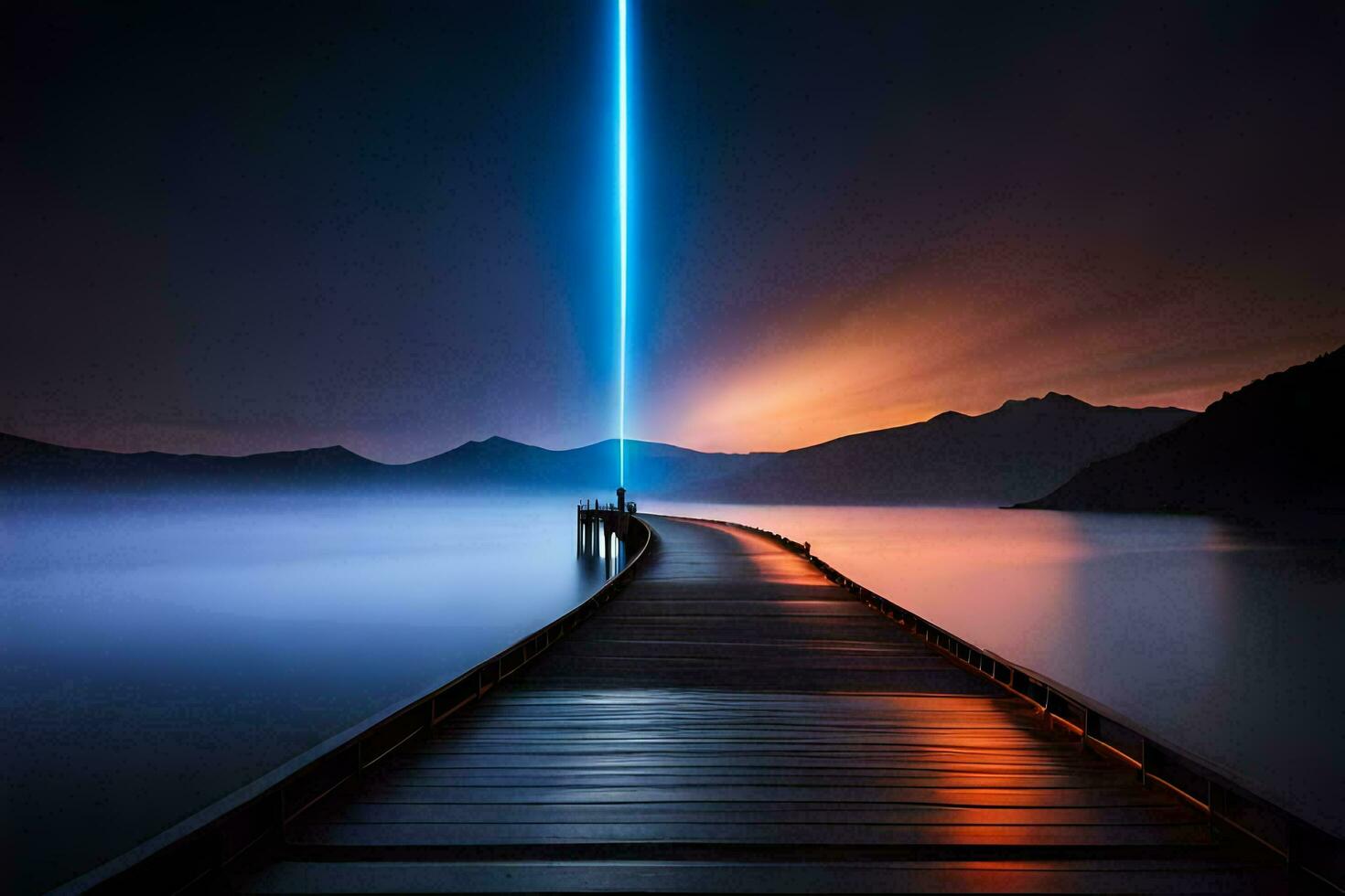 a long pier with a light beam coming out of it. AI-Generated photo