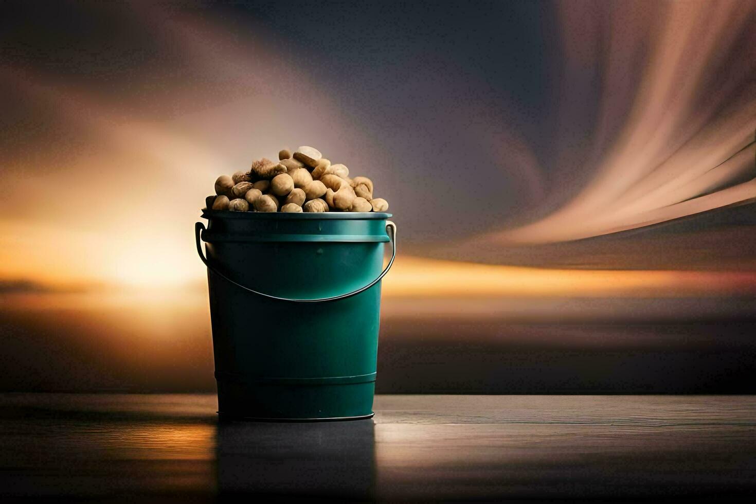 a bucket filled with peanuts on a table. AI-Generated photo