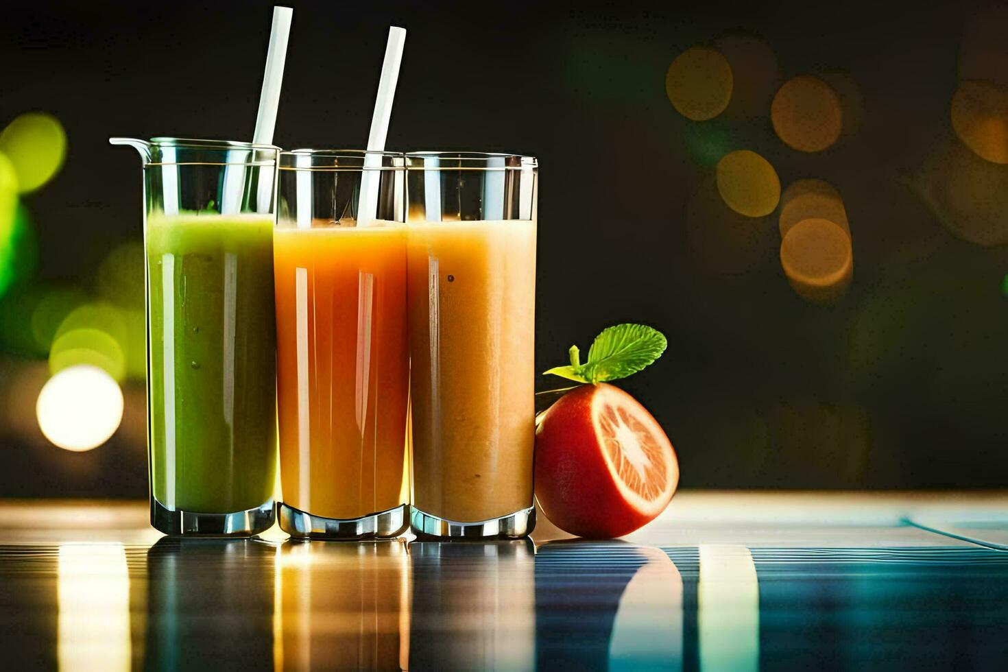 three glasses of juice with straws and fruit. AI-Generated photo