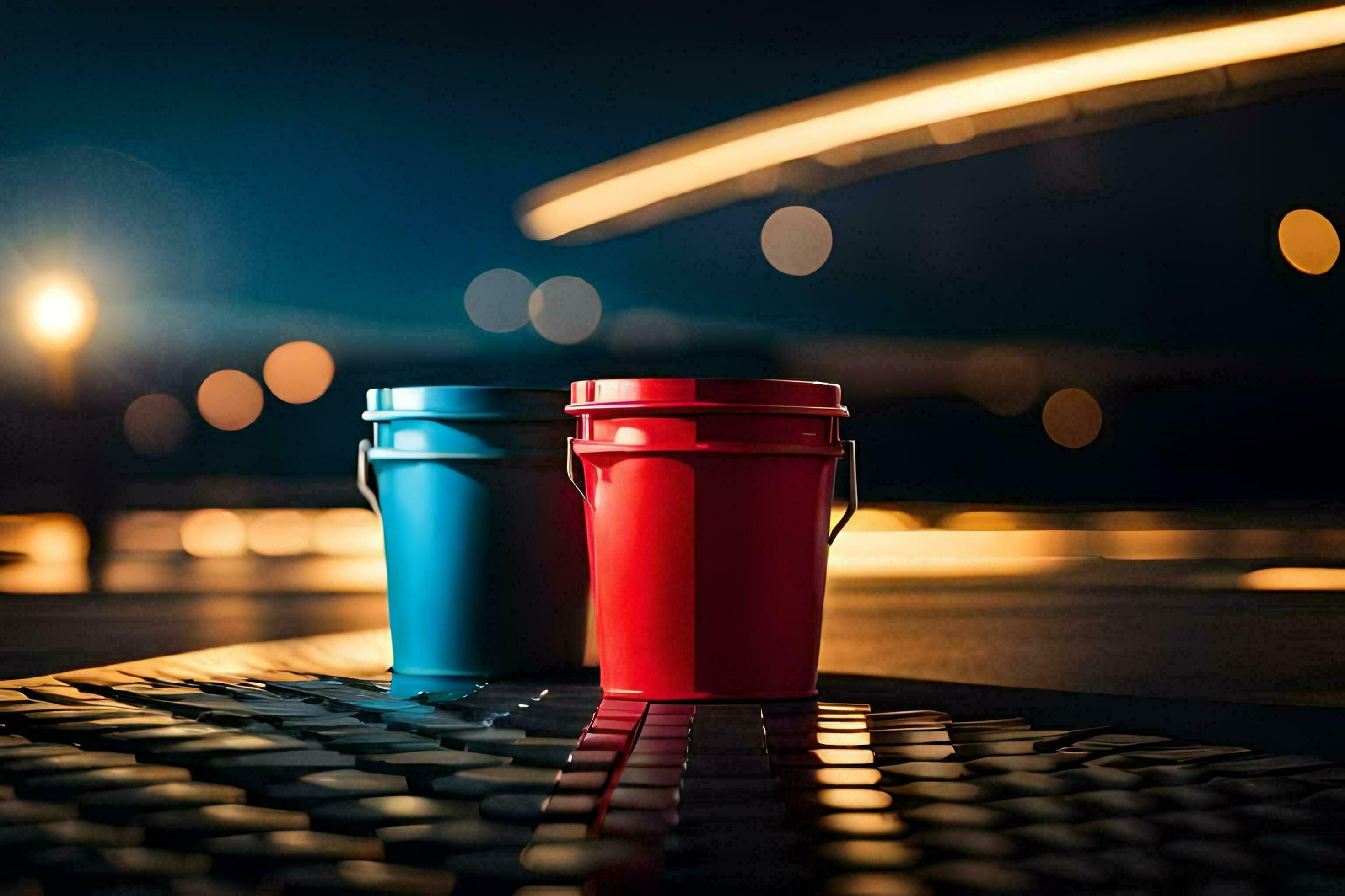 two red and blue buckets sitting on a street at night. AIGenerated