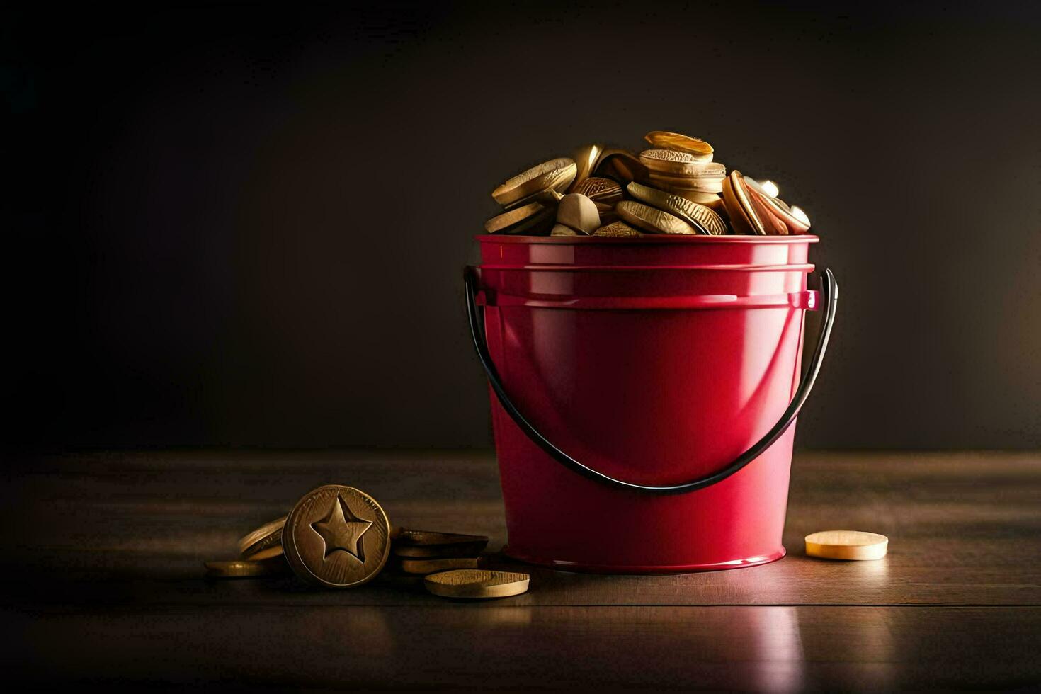 a red bucket filled with gold coins. AI-Generated photo