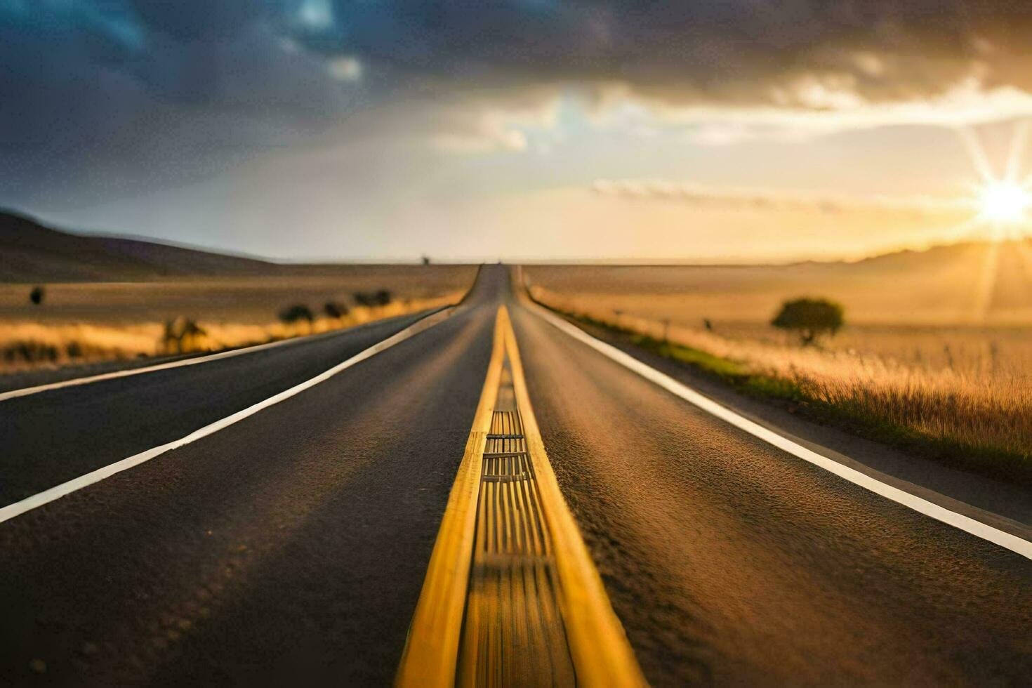 un largo vacío la carretera con el Dom ajuste detrás él. generado por ai foto