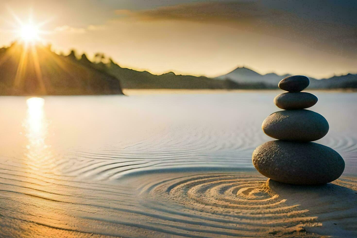 a stack of stones on the beach at sunset. AI-Generated photo