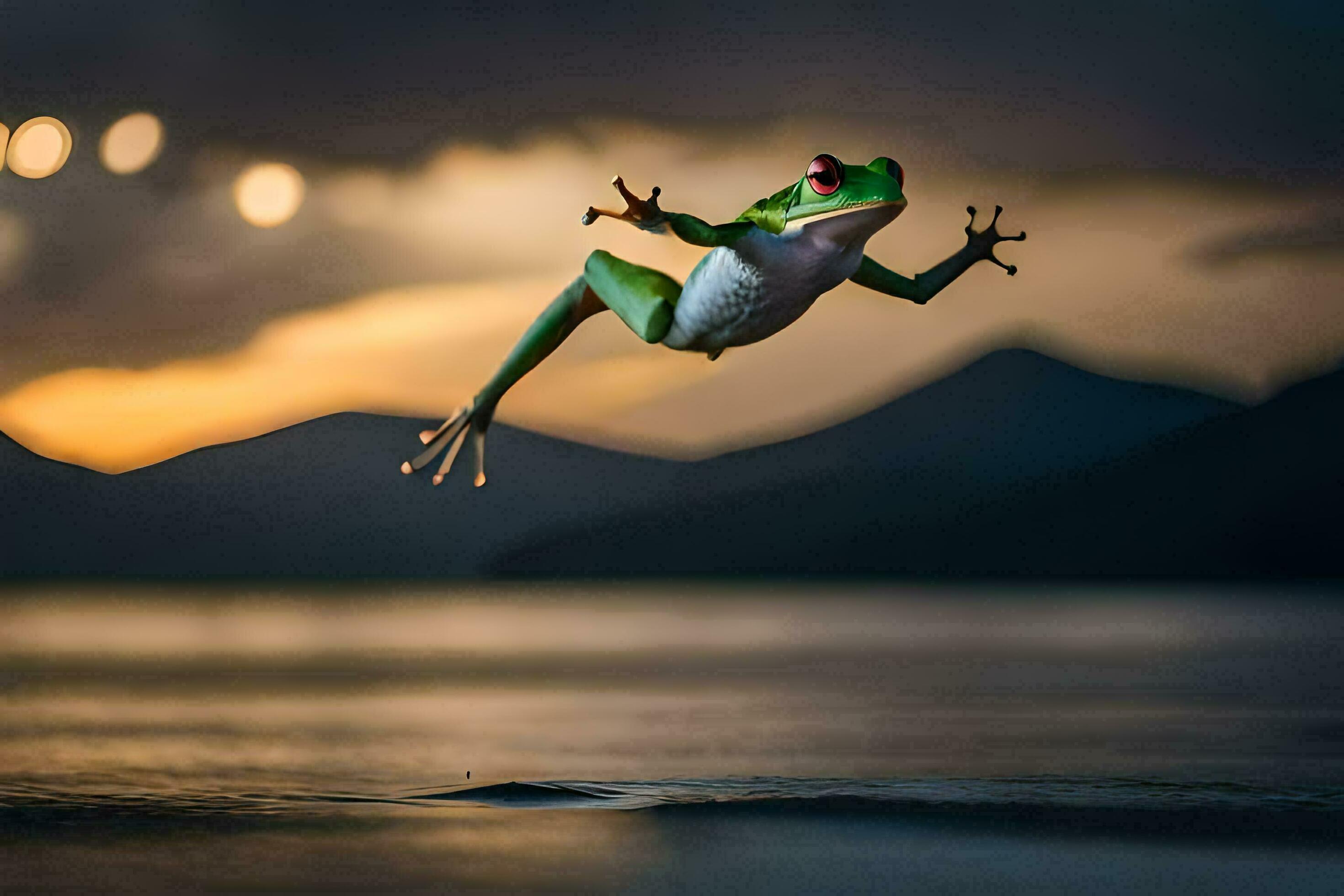 a frog jumping out of the water at sunset. AIGenerated 32819537 Stock