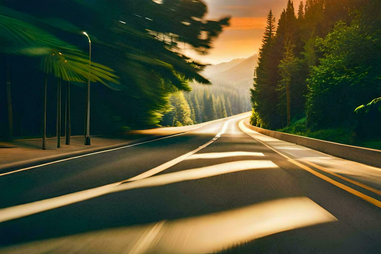 a car driving down a road with trees in the background. AI-Generated photo