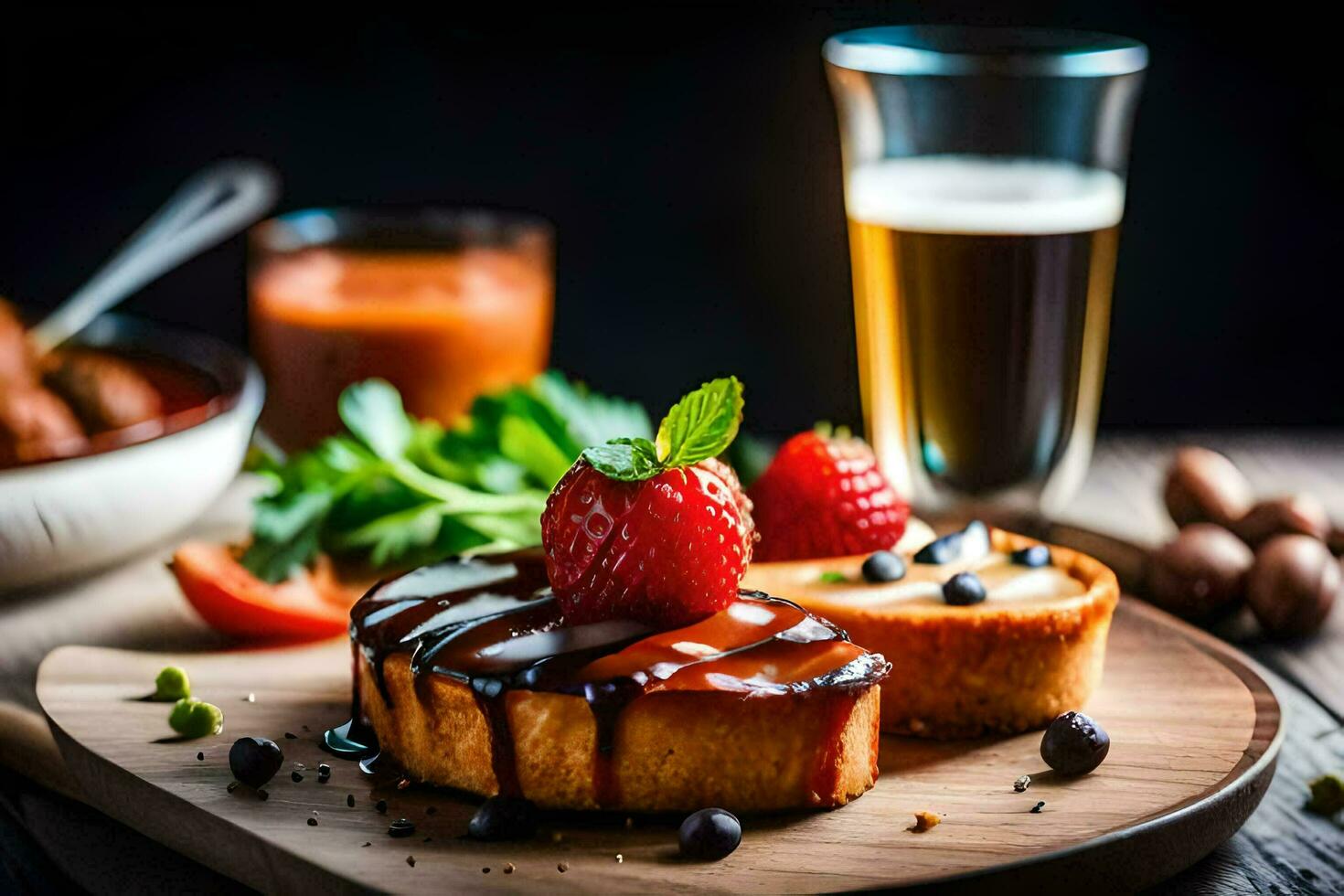 food and drink on a wooden table. AI-Generated photo