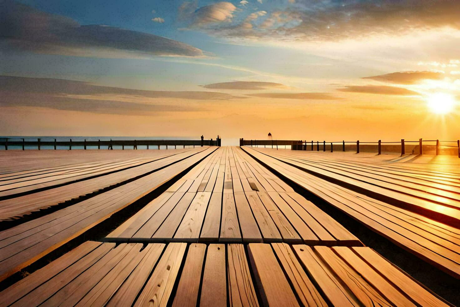 a wooden pier with the sun setting over it. AI-Generated photo