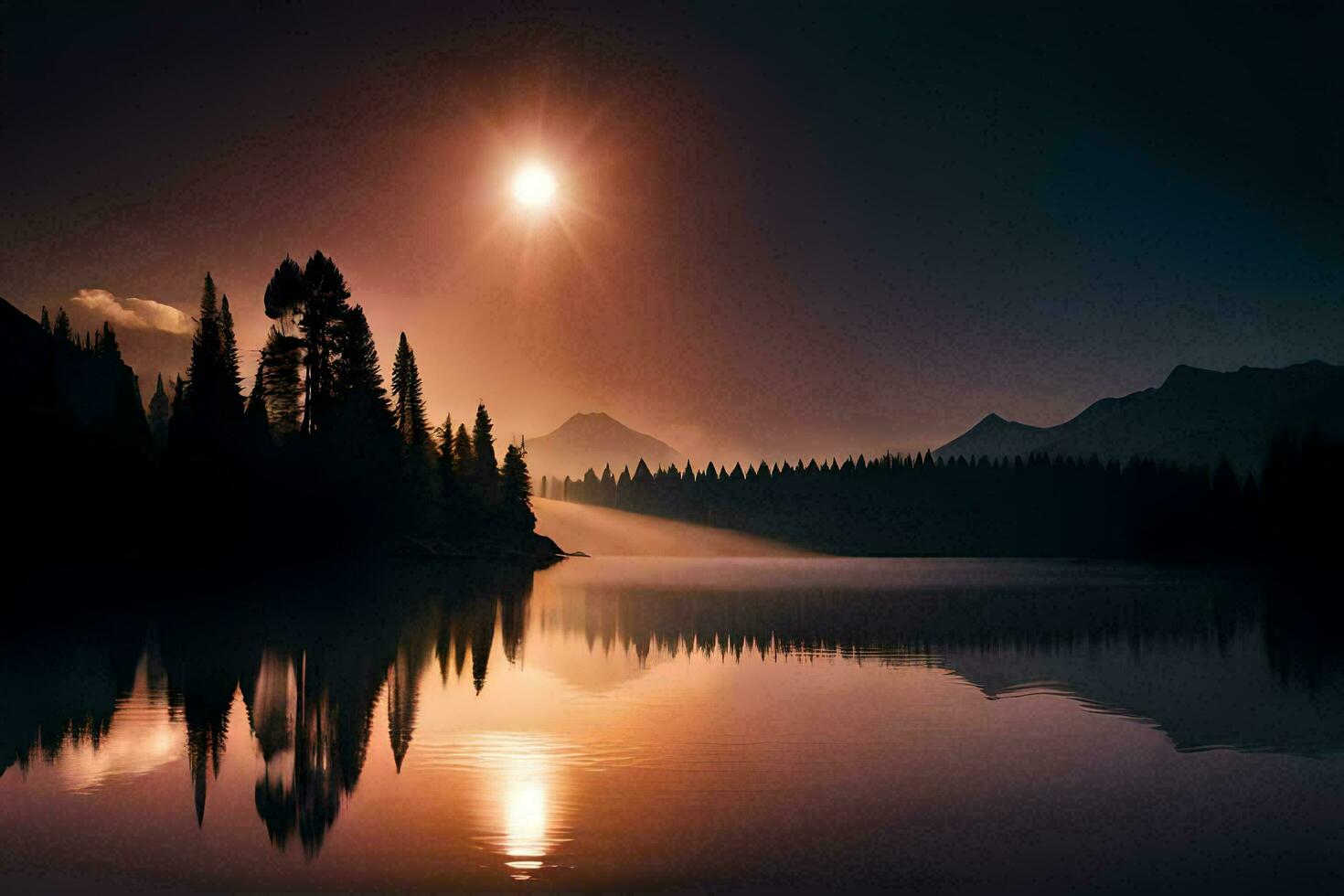 a beautiful sunset over a lake with trees and mountains. AI-Generated photo