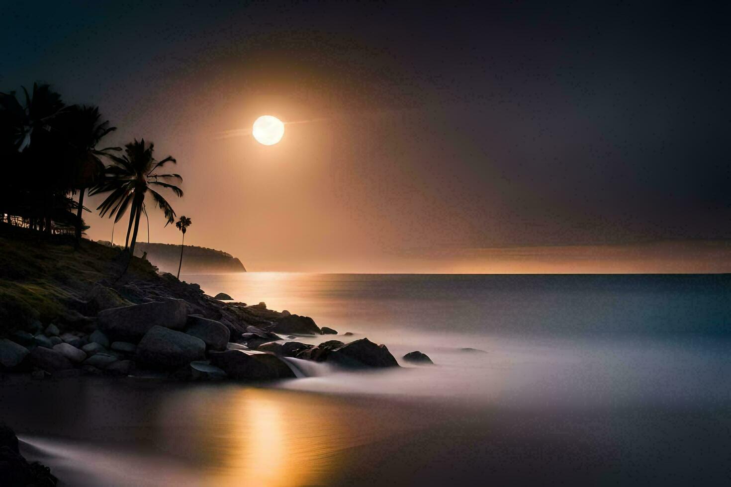 a full moon shines over the ocean and rocks. AI-Generated photo