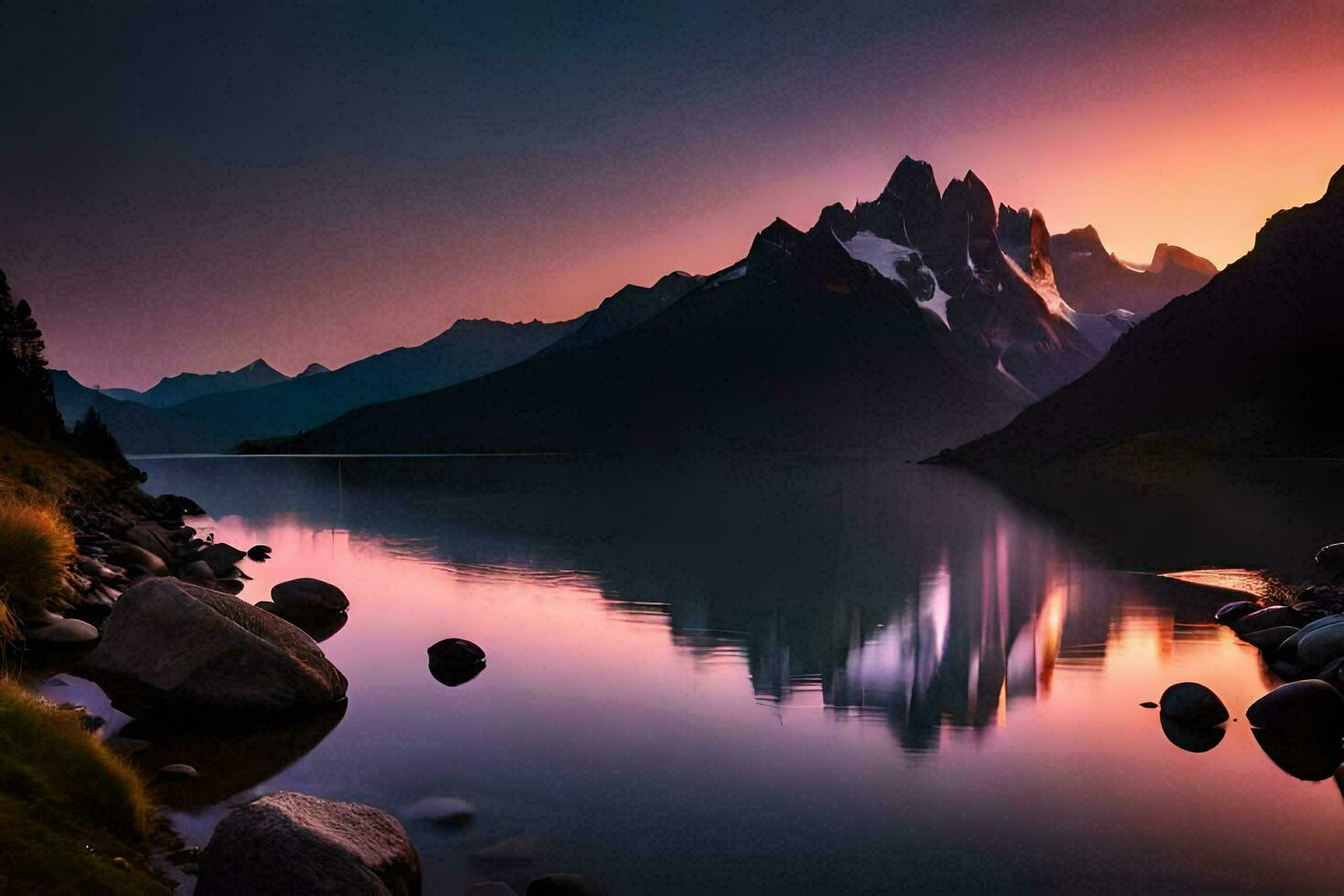 el montañas son reflejado en el agua a puesta de sol. generado por ai foto