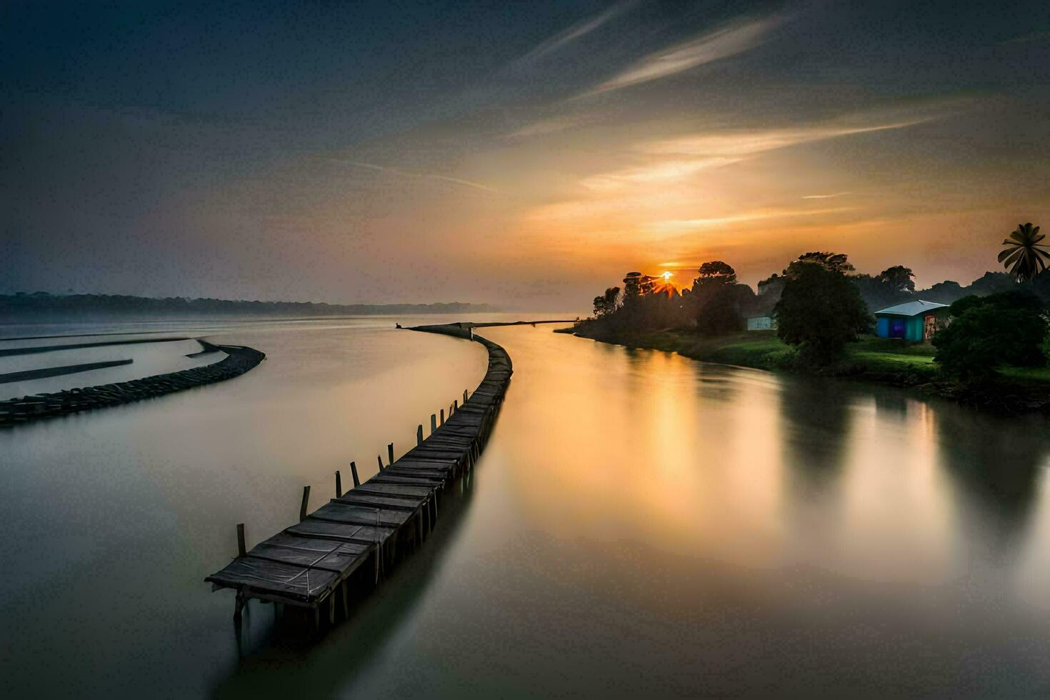 un largo exposición fotografía de un río a puesta de sol. generado por ai foto