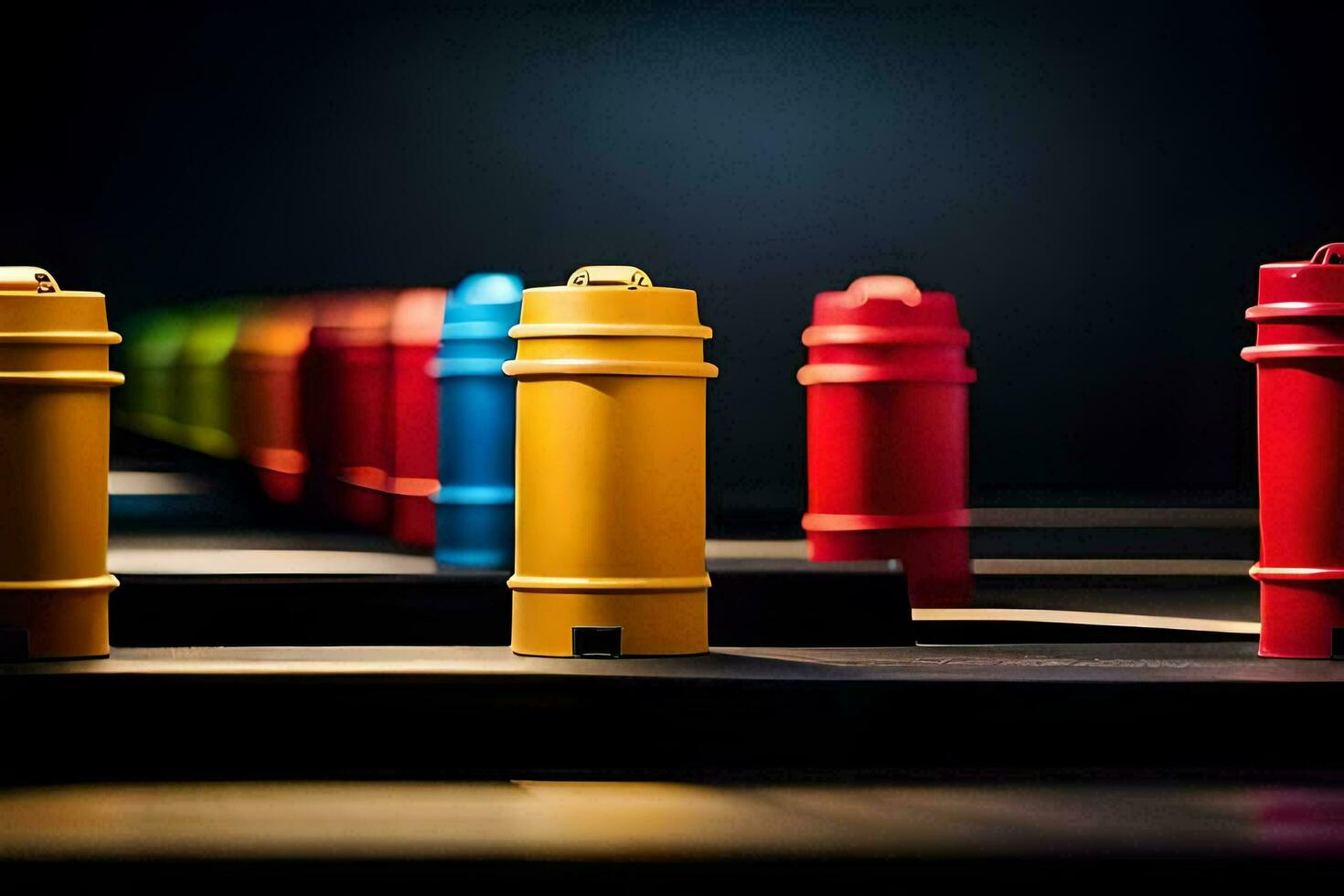 a row of colorful plastic containers on a table. AI-Generated photo