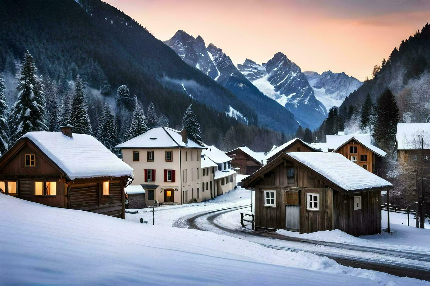 un Nevado pueblo en el montañas con casas generado por ai foto