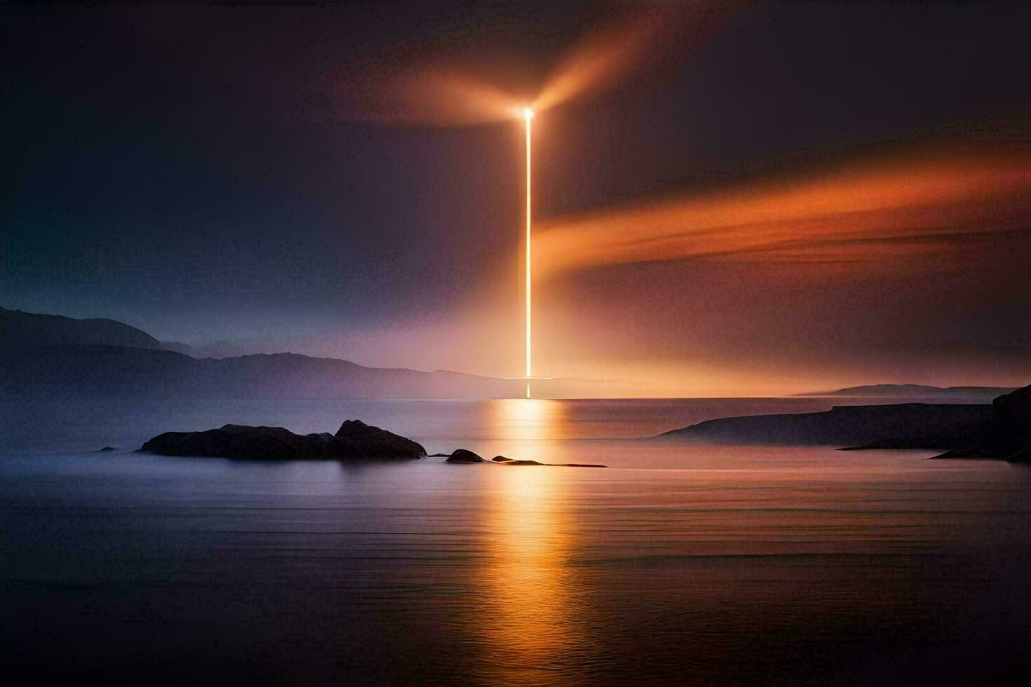 a light shining in the sky over water. AI-Generated photo