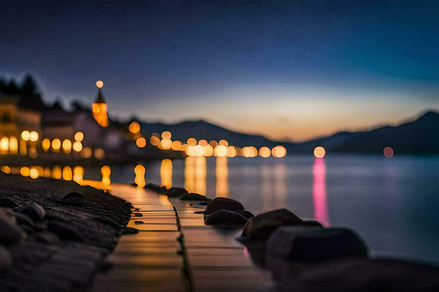 a city at night with lights on the water. AI-Generated photo