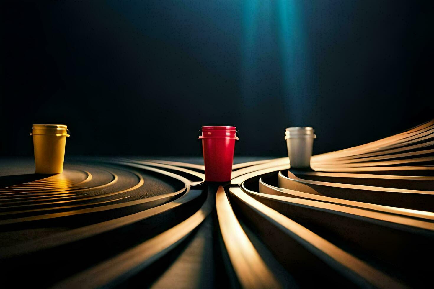 three red cups sit on a wooden table. AI-Generated photo