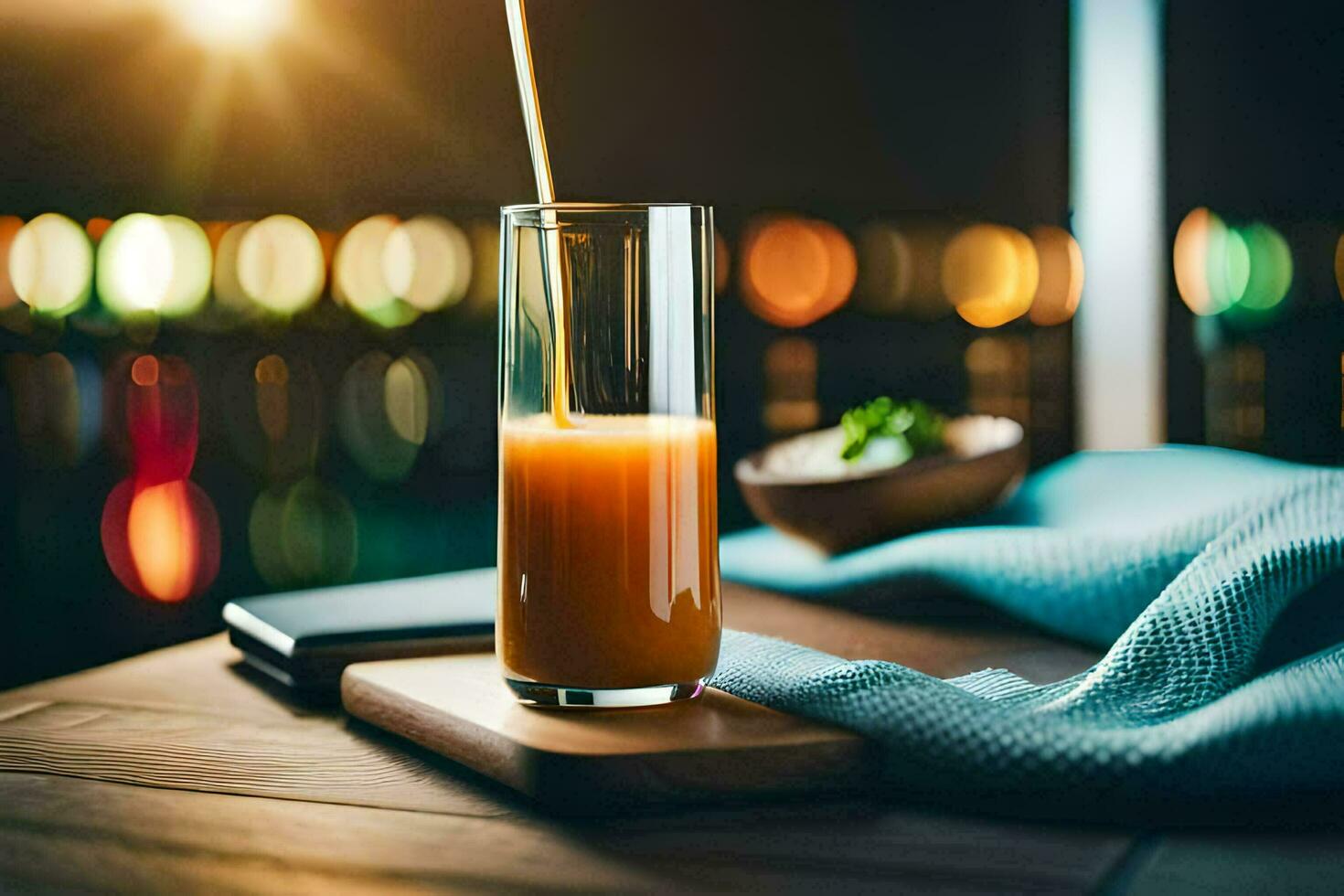 a glass of orange juice on a table with a wooden tablecloth. AI-Generated photo