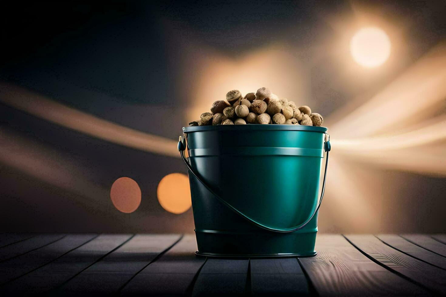 a bucket filled with peanuts on a wooden table. AI-Generated photo