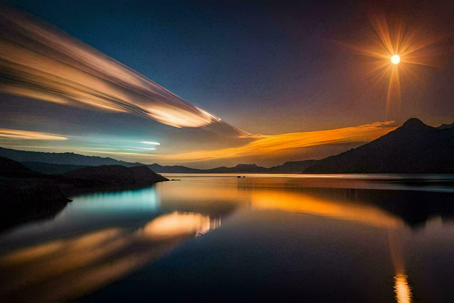 the sun is shining over a lake and mountains. AI-Generated photo