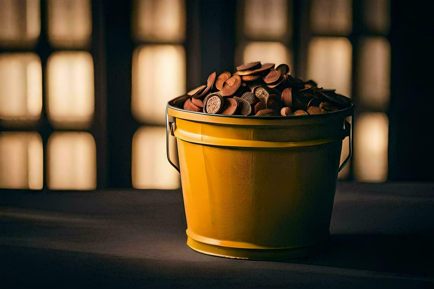 a bucket filled with coins sitting on a table. AI-Generated photo